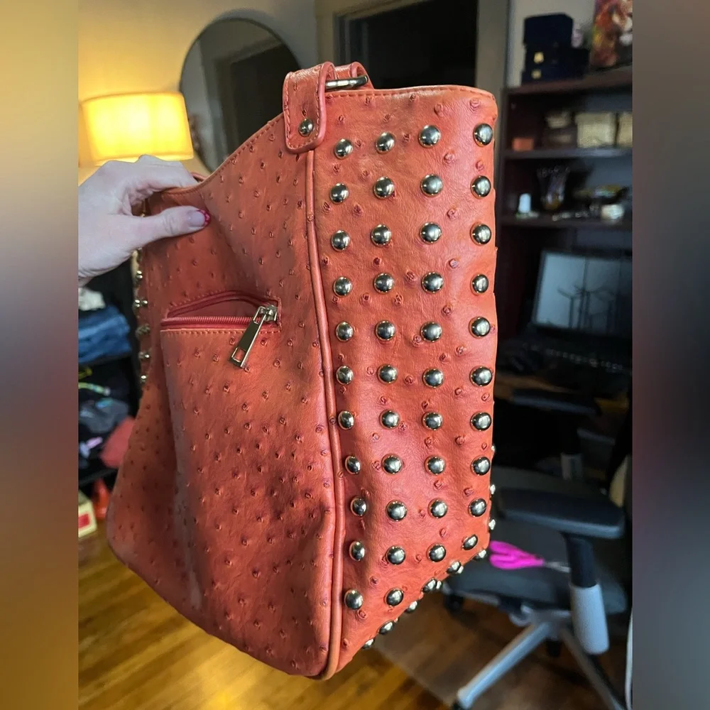 Expressions NYC Orange Faux Ostrich Studded Shoulder Bag Slightly Flawed - Picture 4 of 16
